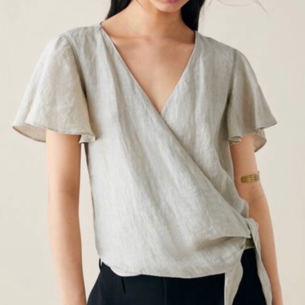 🎀Linen Flutter-Sleeve Wrap Blouse🎀